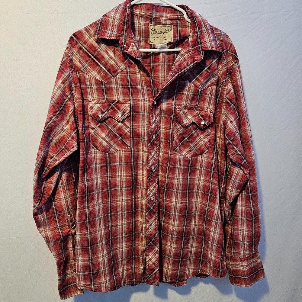 Wrangler Men's Size XL Retro Pearl Snap LS Shirt Red Plaid Sawtooth Pocket